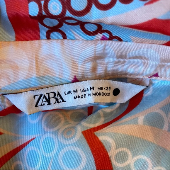ZARA Satin Faux Silk Twill Red Pink Blue Paisley Scarf Print Button Up Shirt - Picture 6 of 10